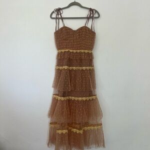 Self-Portrait Brown and Gold Tiered Midi Dress